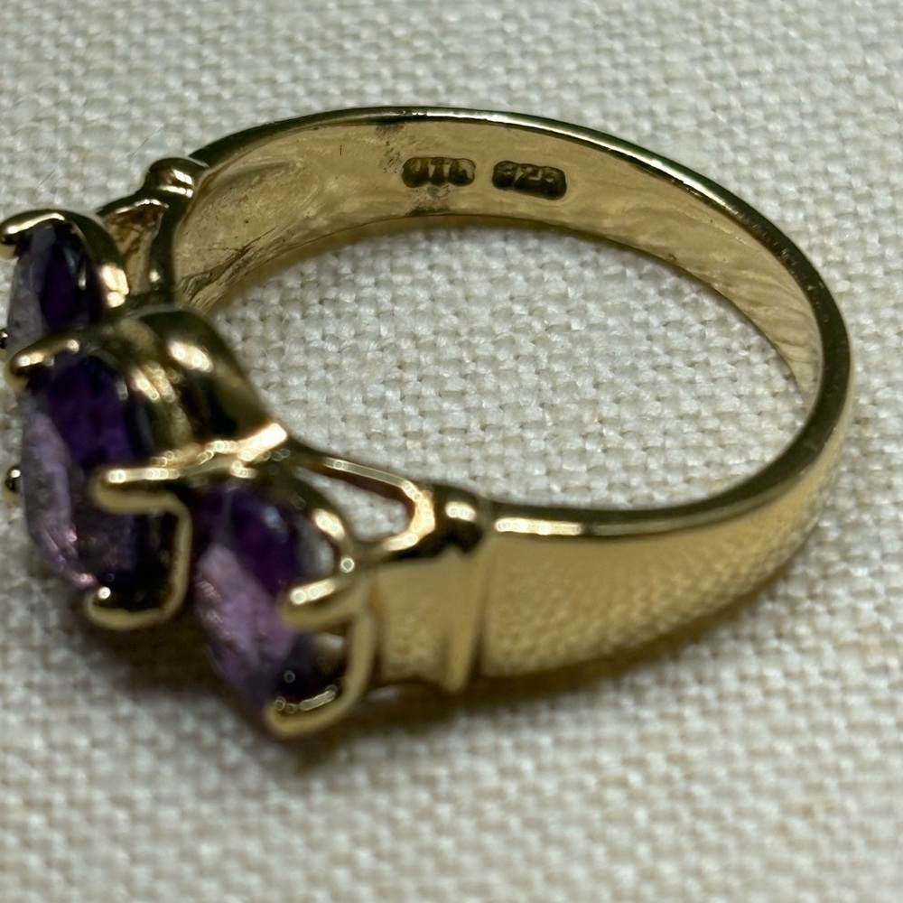Gold Over Sterling Elegant Three Stone Amethyst Simulant Statement Ring - Picture 6 of 8